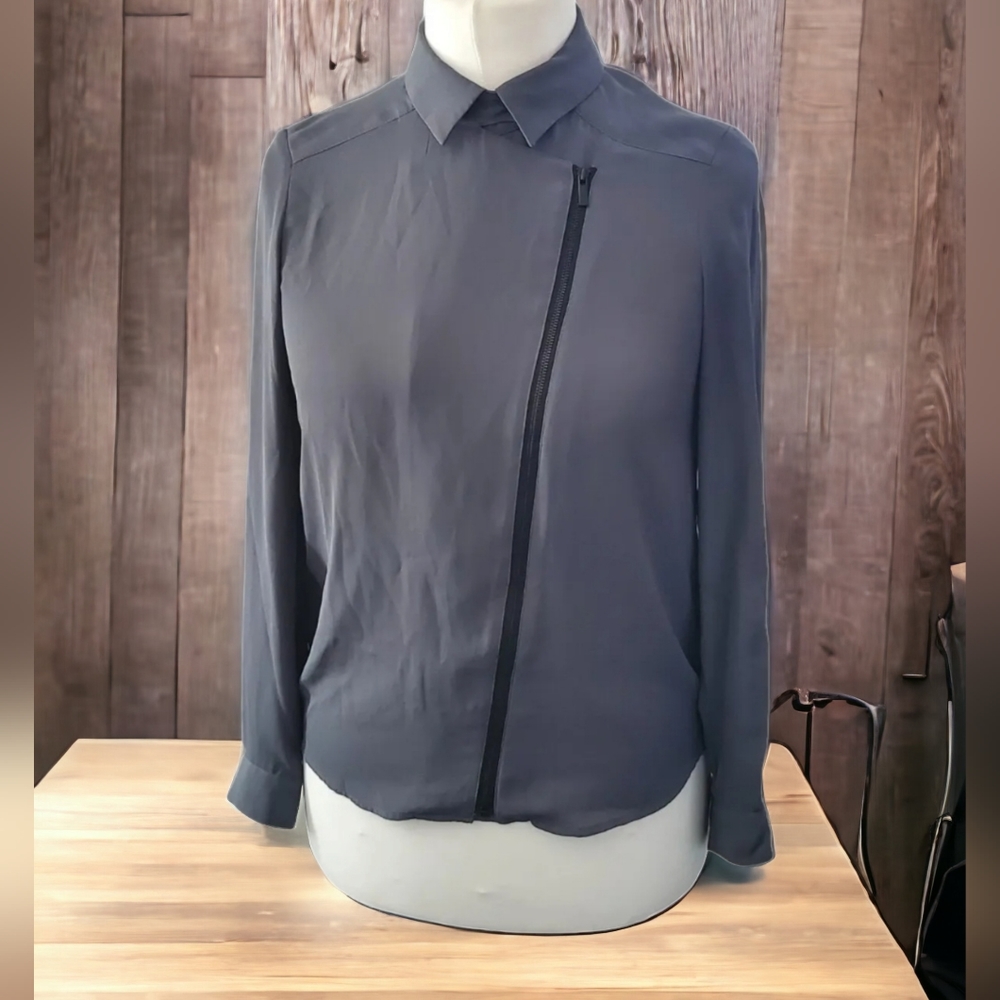 The Kooples Grey Shirt Blouse Top Diagonal Zip Front detail 1 10 uk - Picture 1 of 6